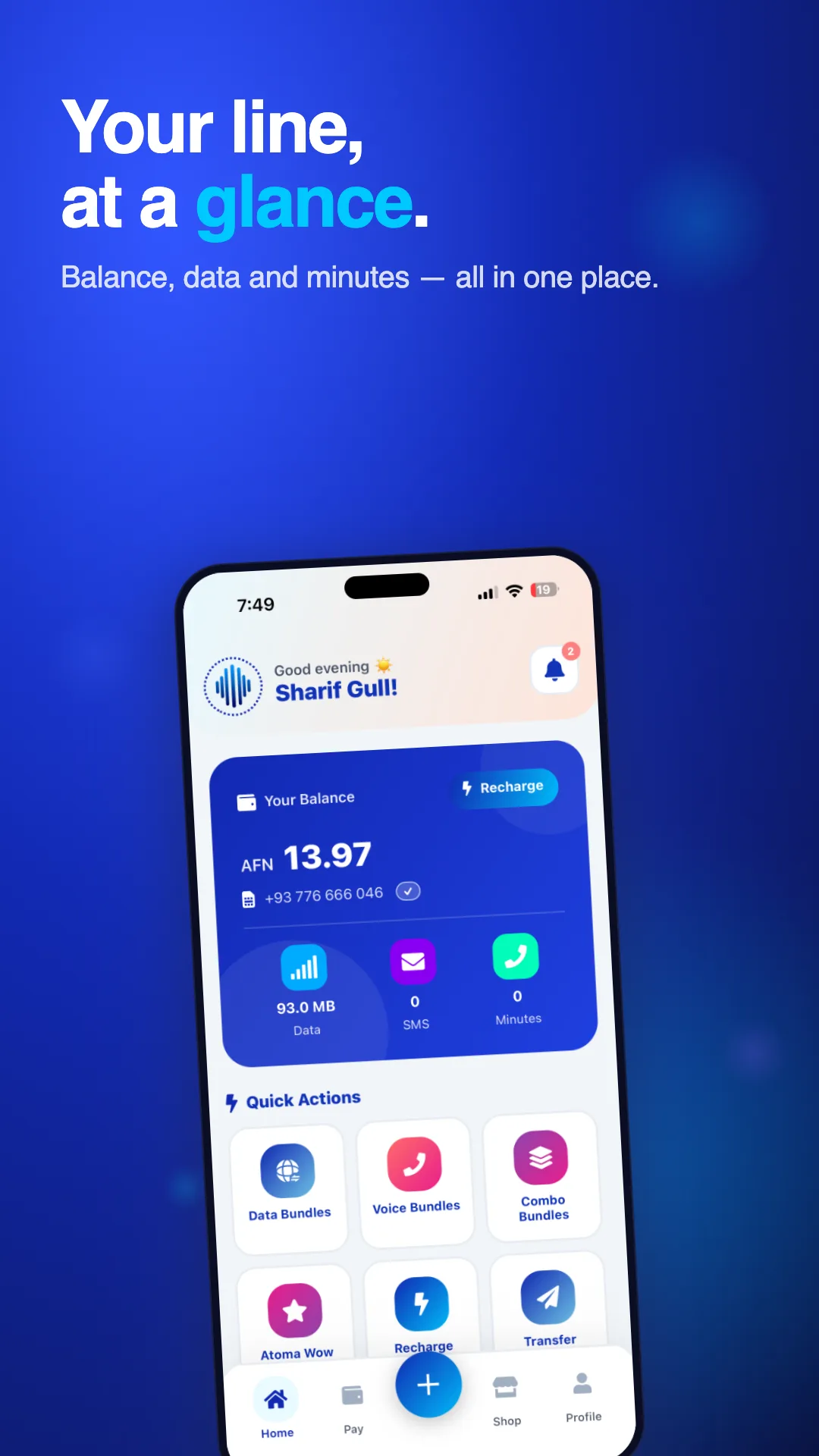Atoma Store home screen showing balance and quick actions