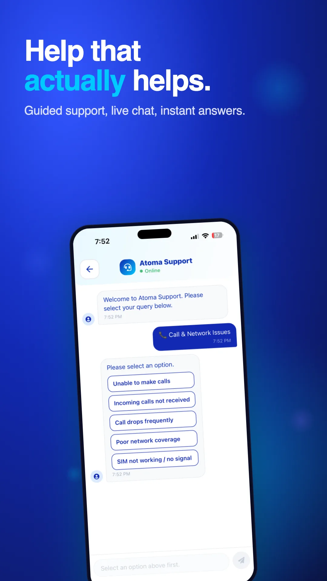 Atoma support center in the app